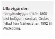  
Ullavigården
mangårdsbyggnad från 1800-talet belägen i centrala Örebro flyttad från Närkeslätten 1992 till Wadköping.
